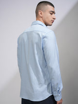 Men's Blue Casual Slim Fit Cutaway Collar Textured Cotton Formal Shirt