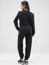 Women's Black Casual V-Neck Top & Jogger Co-Ords Set