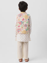 Boys White Cotton Sewn on Pocket Square Kurta Set with Printed Nehru Jacket