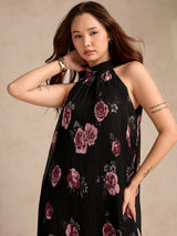 Women's Black Halter Neck Floral Printed Dress