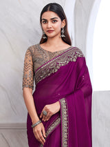 Women's Satin Silk Pink Embellished Designer Saree with Blouse Piece