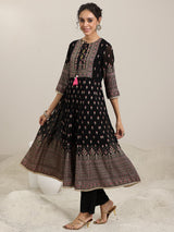 Women's Black Floral Printed Anarkali Kurta and Trouser With Printed Dupatta