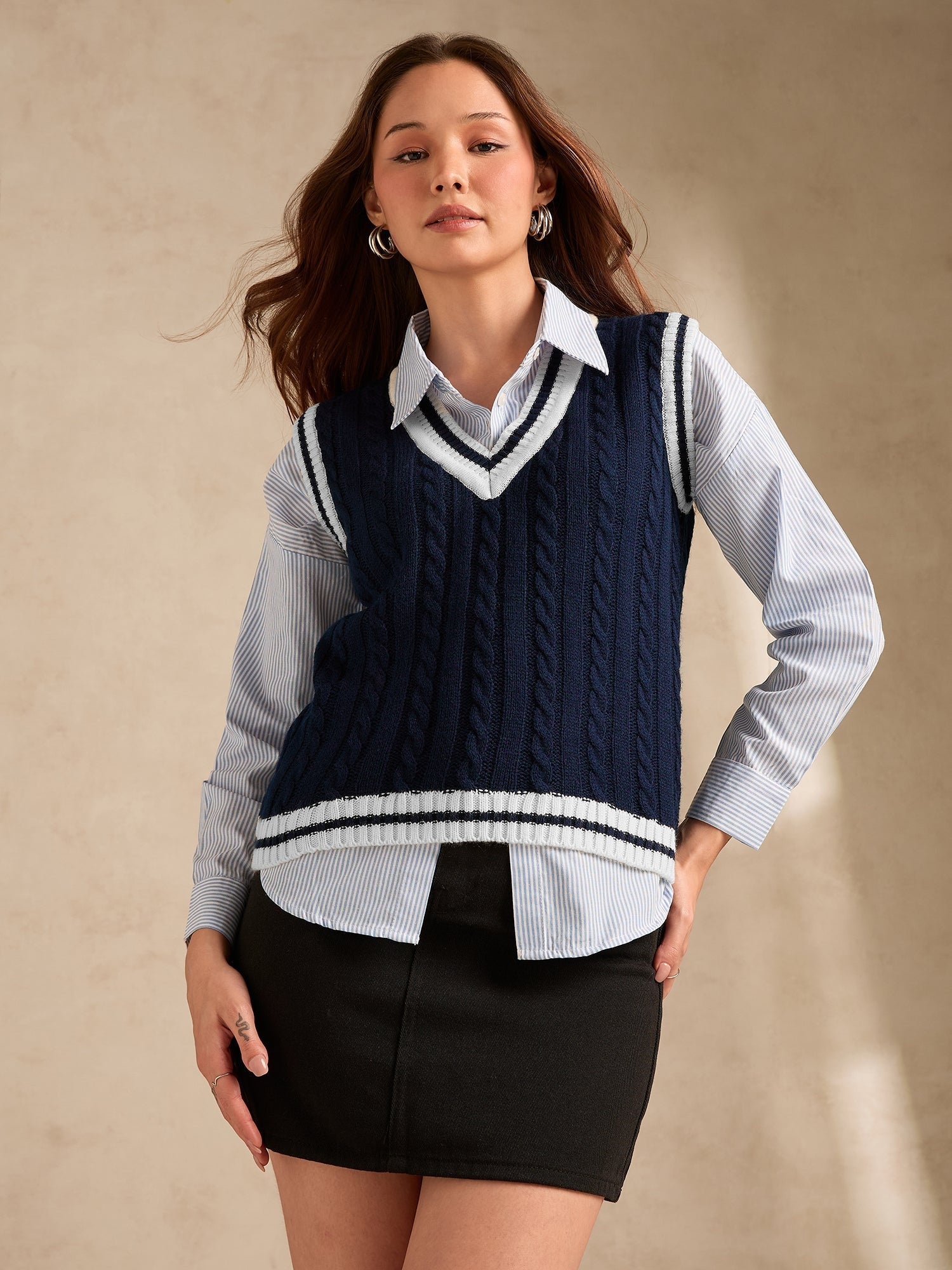 Women's Navy Blue Varsity Contrast Tipping Sweater