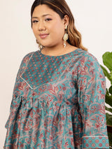Women's Blue Plus Size Floral Printed Sequin A-Line Kurti with Dhoti Pant