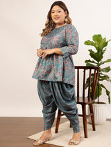 Women's Blue Plus Size Floral Printed Sequin A-Line Kurti with Dhoti Pant