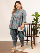 Women's Blue Plus Size Floral Printed Sequin A-Line Kurti with Dhoti Pant