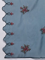 Women's Blue Floral Embroidered Mirror Work Chanderi Silk Kurta With Trousers & With Dupatta