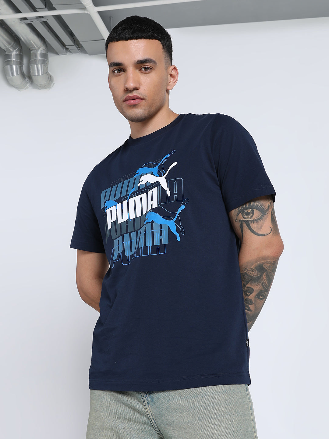 Mens Blue Cotton Regular Casual Half Sleeves Tshirt