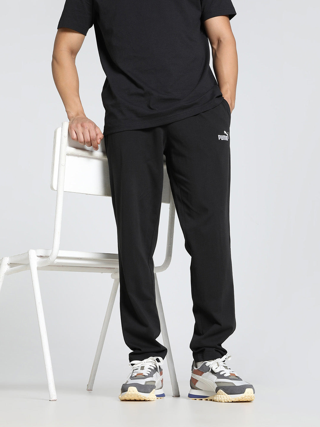 Mens Black Cotton Regular Fit Casual Stretchable Solid Track Pant