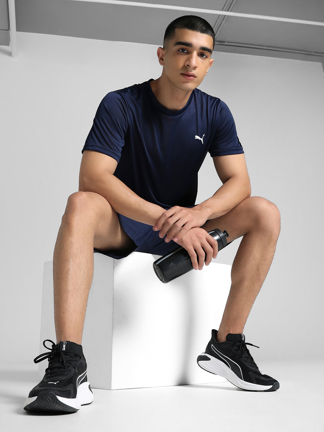 Mens Blue Polyester Regular Sports Half Sleeves Tshirt