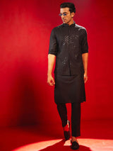 Men's Black Silk Blend Embroidered Sequinned Full Sleeves Nehru Jacket