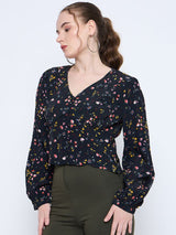 Women's Black Floral Print V-Neck Top
