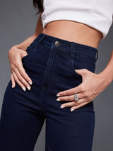 Women's Navy Blue Wide leg High Rise Clean Look Stretchable Denim Jeans