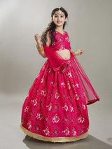 Girls Pink Printed Festive Lehenga Choli with Dupatta