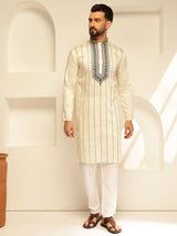 Men's Cream Cotton Silk Long Kurta with Elegant Neck Embroidery