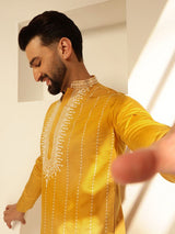 Men's Mustard Cotton Silk Long Kurta with Elegant Neck Embroidery