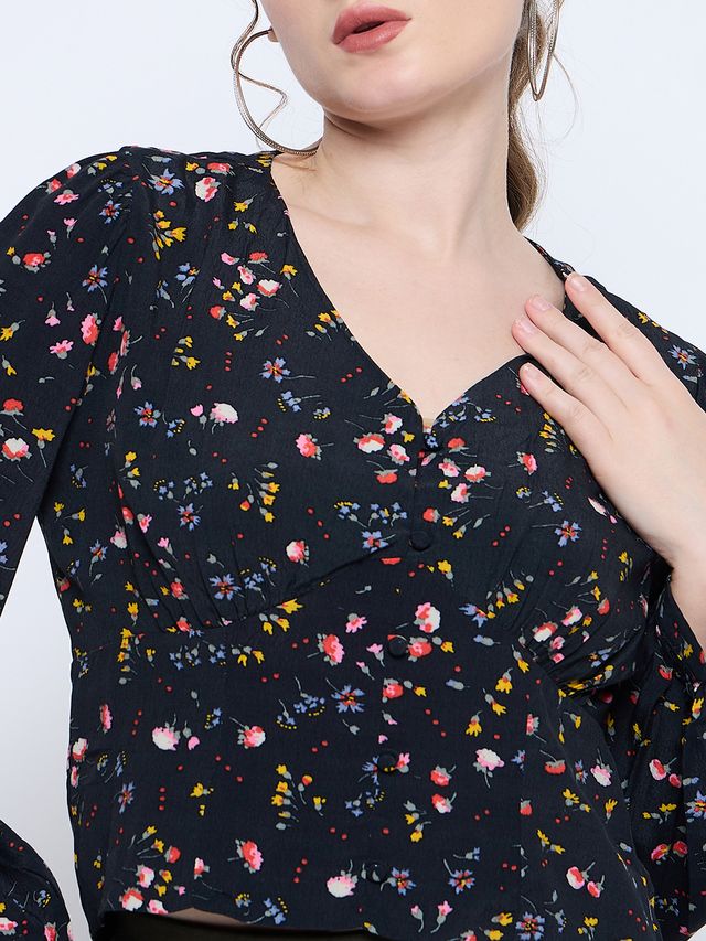 Women's Black Floral Print V-Neck Top