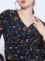 Women's Black Floral Print V-Neck Top