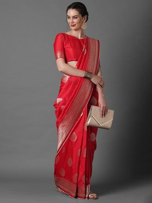 Women's Silk Blend Red Woven Design Celebrity Saree with Blouse Piece