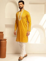 Men's Mustard Cotton Silk Long Kurta with Elegant Neck Embroidery