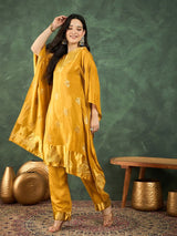 Women's Mustard Kaftan Style Kurta Paired with Solid Ankle Length Trouser