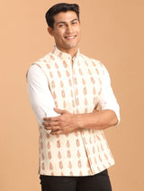 Men's Cream Leaf Motif Printed Pure Cotton Full Sleeves Nehru Jacket