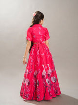 Girls Pink Printed Festive Lehenga with Choli