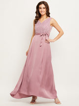 Women's Wine Satin Embellished Maxi Dress with Belt