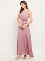 Women's Wine Satin Embellished Maxi Dress with Belt