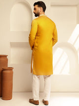 Men's Mustard Cotton Silk Long Kurta with Elegant Neck Embroidery