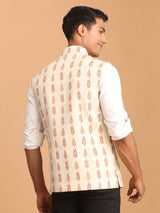 Men's Cream Leaf Motif Printed Pure Cotton Full Sleeves Nehru Jacket