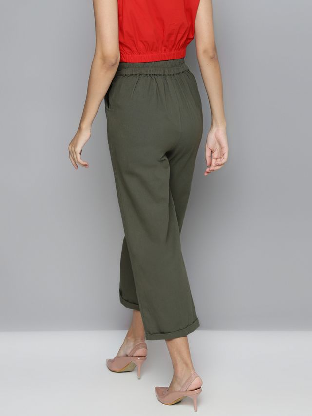Women's Olive Casual Solid Regular Fit Pants