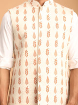 Men's Cream Leaf Motif Printed Pure Cotton Full Sleeves Nehru Jacket
