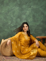 Women's Mustard Kaftan Style Kurta Paired with Solid Ankle Length Trouser