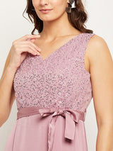 Women's Wine Satin Embellished Maxi Dress with Belt