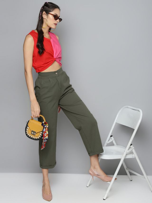 Women's Olive Casual Solid Regular Fit Pants