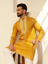 Men's Mustard Cotton Silk Long Kurta with Elegant Neck Embroidery