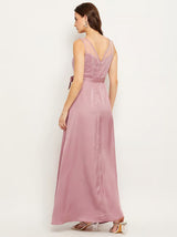 Women's Wine Satin Embellished Maxi Dress with Belt