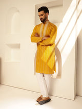 Men's Mustard Cotton Silk Long Kurta with Elegant Neck Embroidery