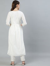 Women's Off White Ethnic Motifs Embroidered Pure Cotton Kurta with Trousers