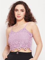 Women's Purple Lace Scoop Neck Crop Top