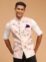 Men's Peach Muslin Floral Printed Full Sleeves Nehru Jacket