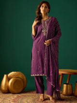 Women's Purple Kurta with Zari Embroidery Teamed with Trouser and Paired with Dupatta