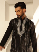 Men's Black Cotton Silk Long Kurta with Elegant Neck Embroidery