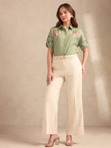 Women's Green Casual Floral Half Sleeves Shirt