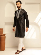 Men's Black Cotton Silk Long Kurta with Elegant Neck Embroidery