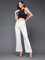 Women's White Wide Leg High Rise Clean Look Regular Stretchable Denim Jeans