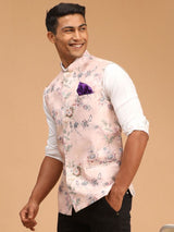 Men's Peach Muslin Floral Printed Full Sleeves Nehru Jacket