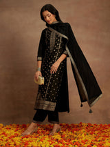Women's Black Silk Blend Woven Design Straight Kurta and Viscose Rayon Solid Trouser with Chiffon Dupatta
