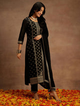 Women's Black Silk Blend Woven Design Straight Kurta and Viscose Rayon Solid Trouser with Chiffon Dupatta